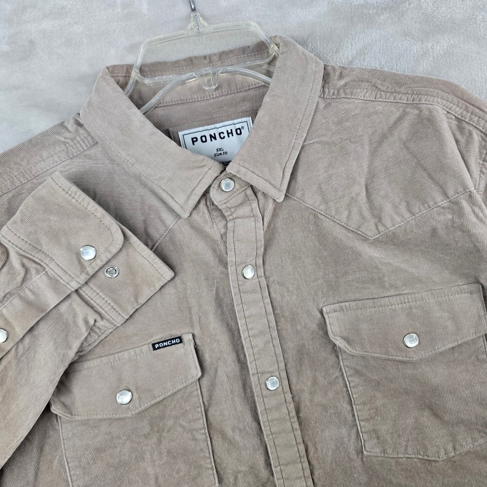 Poncho Corduroy Shirt Mens XXL Tan Slim Fit Pearl Snap Western Long Sleeve